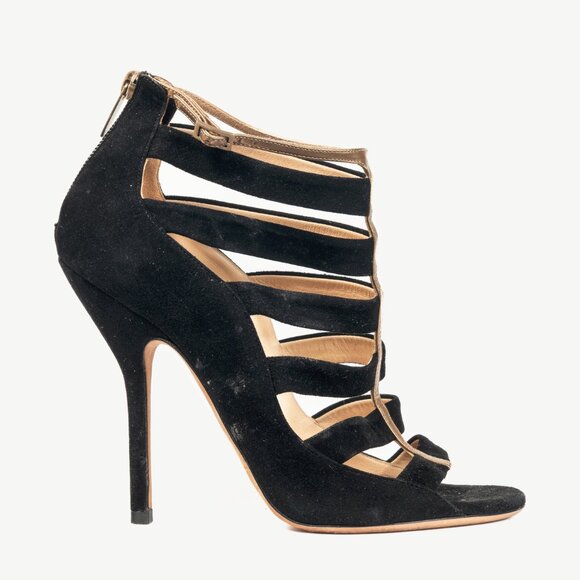 Jimmy Choo Fathom Black & Gold Suede Strappy Sandals - Picture 1 of 11